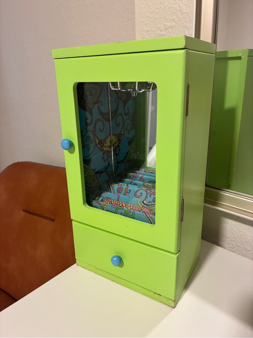 Retro Lime Green Jewelry Armoire with Drawer and Mirror